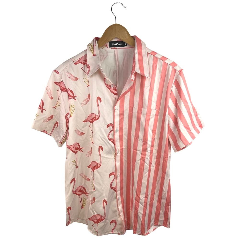 Vatpave Mens Pink White Flamingo Striped Short Sleeve Button Down Shirt Top Sz M
